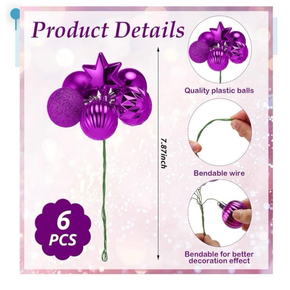 6 Pack of 8" Christmas/Valentines Ball Picks, Ornaments w/ Wired Stems & Glitter - Picture 2 of 9